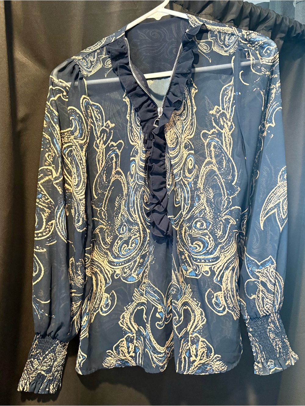 Navy Blue Ruffled V-Neck Paisley Blouse Never worn